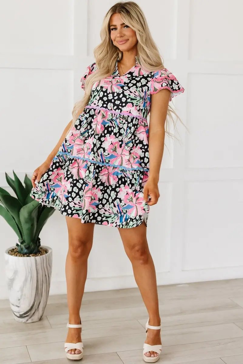 Pink Floral Ricrac Embellished Tiered Mini Dress for Women - Love Salve